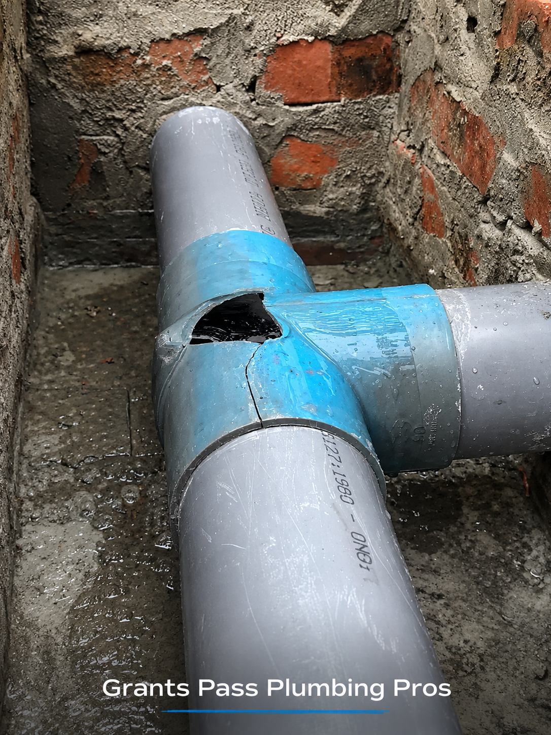 Cracked drain pipe joint temporarily patched with tape before a permanent repair