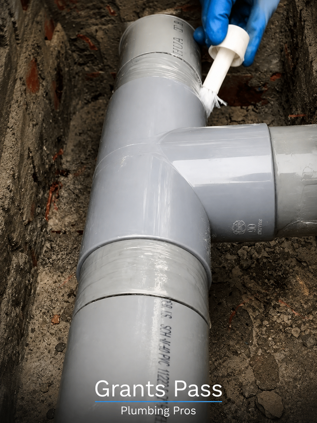 Plumber applying solvent cement to a PVC drain fitting during a pipe repair