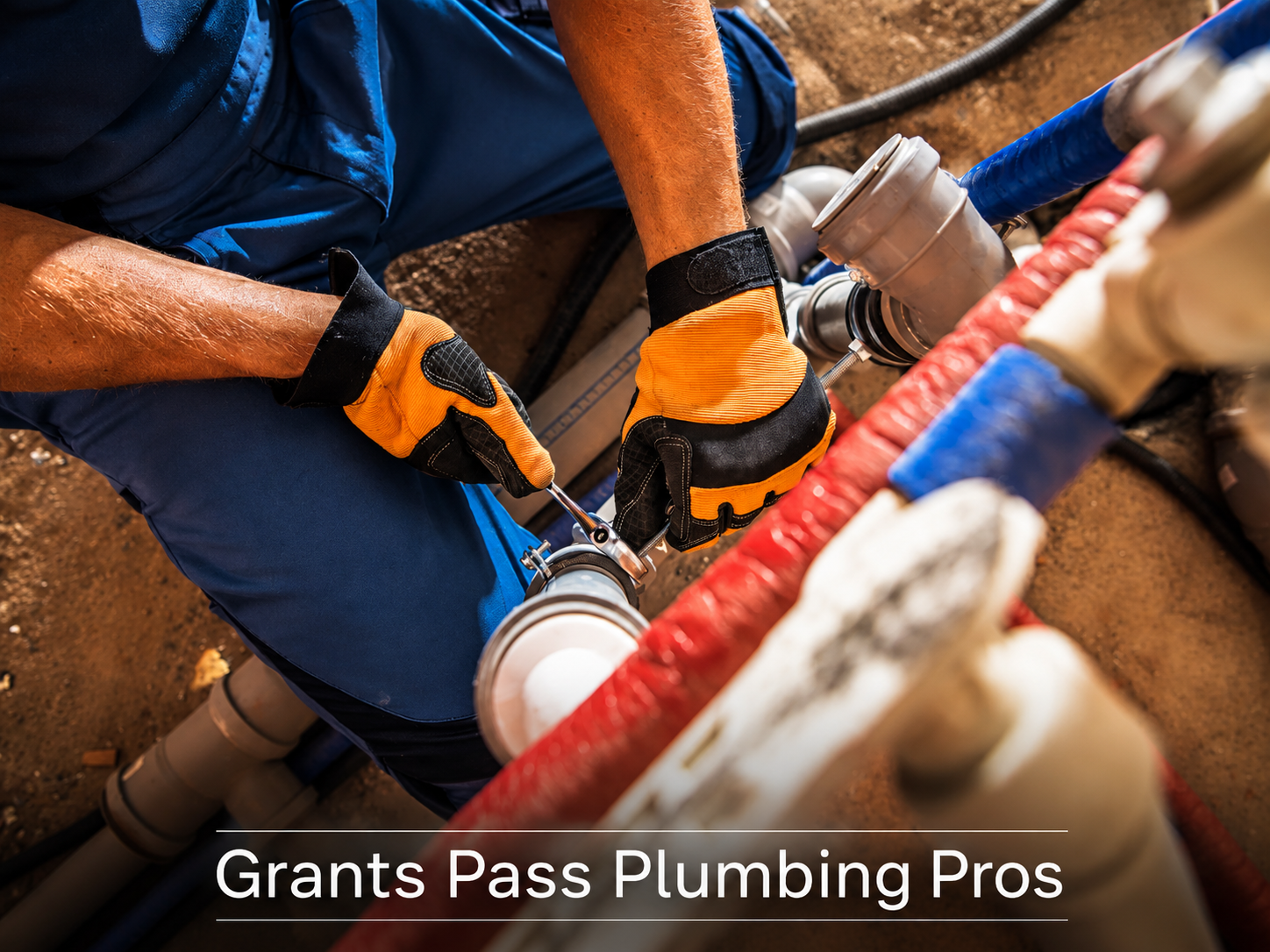 Plumber tightening a pipe coupling with a wrench during a repair in Grants Pass
