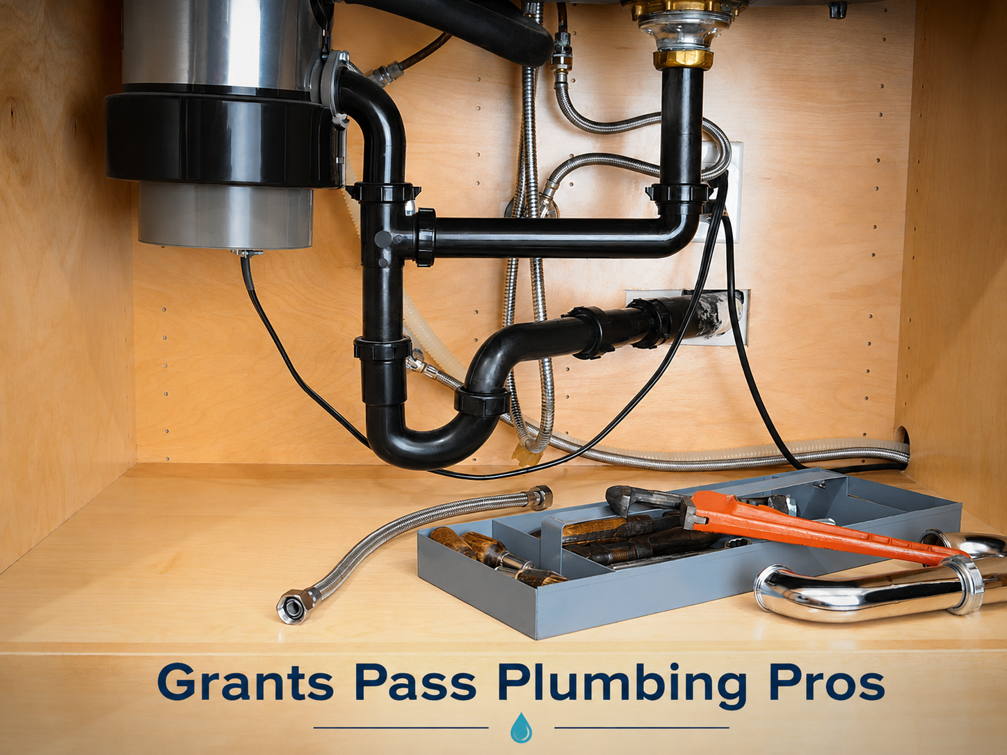 Finished under-sink drain and supply plumbing with a plumber's tool tray
