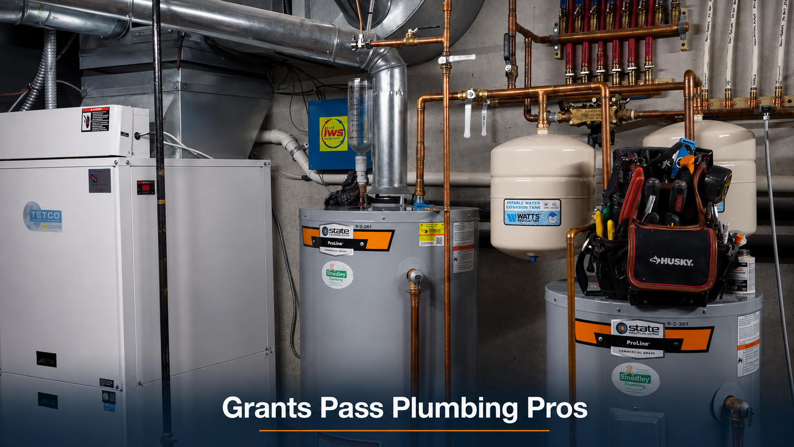 Water heaters, expansion tanks and copper supply lines in a Grants Pass utility room