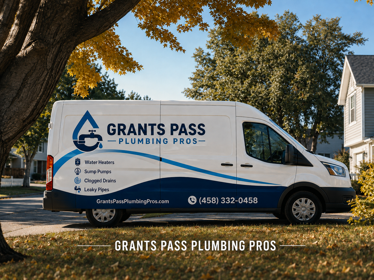 Grants Pass Plumbing Pros service van parked outside a Grants Pass, OR home